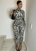 Autumn Women's Fashion Leopard Print Semi-High Neck Sexy Tight Fitting Jumpsuit