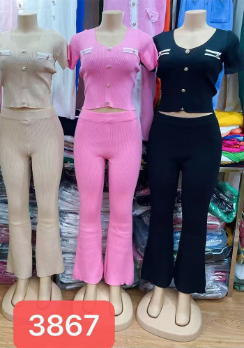 Knitting Women's Summer Outfit Slim Tight Fitting Short Sleeve Long Pants Set