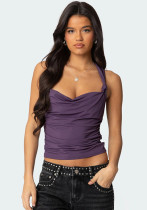 Women Spring/Summer Sexy Pleated Cross Halter Neck Top