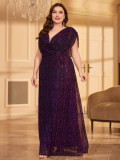 Plus Size Long Formal Party Evening Gown Elegant Pleated Mesh Shiny See-Through Prom Dress