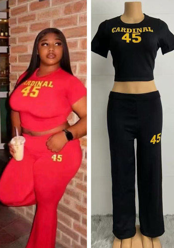 Summer Women's Letter Fashion Casual Short Sleeve Two Piece Pants Set