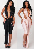 Women Sexy Halter Neck Backless Ribbon Cropped Jumpsuit