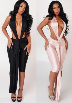 Women Sexy Halter Neck Backless Ribbon Cropped Jumpsuit