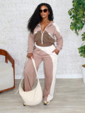 Fashion Women's Color Block Zipper Hoodies Wide Leg Elastic Waist Sport Long Pants Two-Piece Set