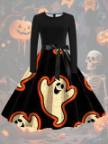 Women Halloween Long-Sleeved Round Neck Dress with Bow