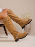Autumn Winter Pleated Stacked Boots Women SChunky Heel Platform Suede Boots