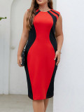 Plus Size Fashion Contrast Color Career Sleeveless Round Neck Women's Bodycon Dress