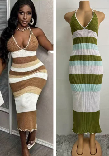 Summer Knitting Sexy Color Block Fashion Holidays Beach Long Dress