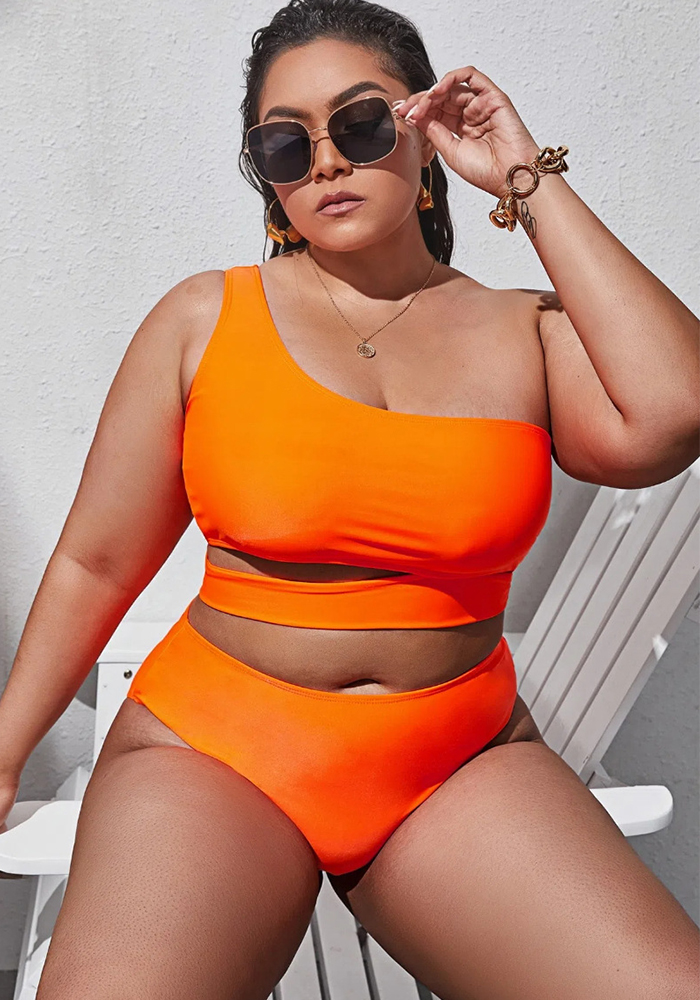 Plus Size One-Shoulder Lace-Up Two-Piece Swimsuit