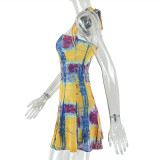 Color Block Print Women's Slim Waist Trendy A-Line Short Dress
