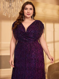 Plus Size Long Formal Party Evening Gown Elegant Pleated Mesh Shiny See-Through Prom Dress