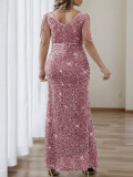 Plus Size Women's Sequin Sleeveless Slit Party Dress Solid Color Chic Long Evening Gown