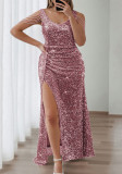 Plus Size Women's Sequin Sleeveless Slit Party Dress Solid Color Chic Long Evening Gown