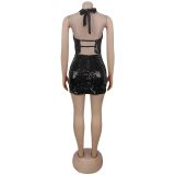 Fashion Women's Sexy Low Back Sequin Top Short Skirt Two-Piece Set