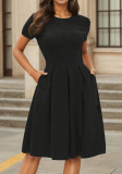 Plus Size Women's Casual Loose Pleated Pocket Solid Color Short Sleeve A-Line Dress
