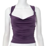 Women Spring/Summer Sexy Pleated Cross Halter Neck Top