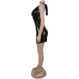 Fashion Women's Sexy Low Back Sequin Top Short Skirt Two-Piece Set