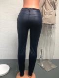 Women's Fashion High-Waist Solid Color Leather Casual Tight Pants