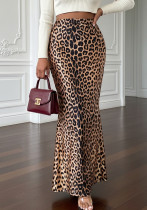 Leopard Print Brown High-Waist Slim Mermaid Long Skirt