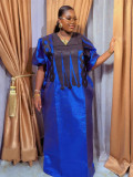 Muslim V-Neck Long Dress African Plus Size Women's Dubai Embroidered Robe Headscarf