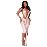 Women Sexy Halter Neck Backless Ribbon Cropped Jumpsuit