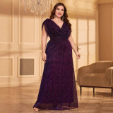 Plus Size Long Formal Party Evening Gown Elegant Pleated Mesh Shiny See-Through Prom Dress