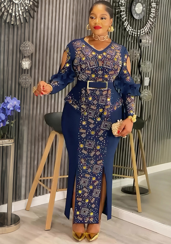 African Women's Plus Size Chic Elegant Fashion Beaded Formal Party Bodycon Dress Evening Gown