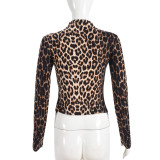 Leopard Print Women's Drawstring Crop Top Tight Fitting Long Sleeve T-Shirt