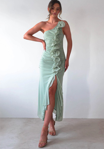 Summer Slash Shoulder Fashion Sexy Shirred High Slit Slim Dress