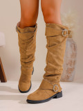 Autumn Winter Pleated Stacked Boots Women SChunky Heel Platform Suede Boots
