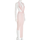 Women Sexy Halter Neck Backless Ribbon Cropped Jumpsuit
