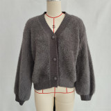 Women autumn/winter casual furry V-neck solid sweater
