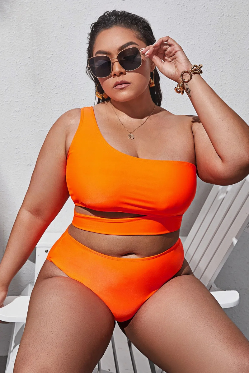 Plus Size One-Shoulder Lace-Up Two-Piece Swimsuit