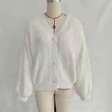 Women autumn/winter casual furry V-neck solid sweater