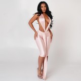 Women Sexy Halter Neck Backless Ribbon Cropped Jumpsuit