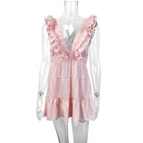 Women summer sexy sleeveless V-neck ruffle dress