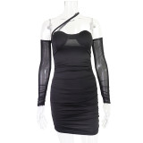 Women Spring/Summer Mesh Patchwork Solid Halter Neck Bodycon Dress
