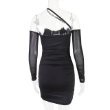 Women Spring/Summer Mesh Patchwork Solid Halter Neck Bodycon Dress