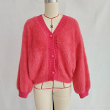 Women autumn/winter casual furry V-neck solid sweater