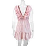 Women summer sexy sleeveless V-neck ruffle dress