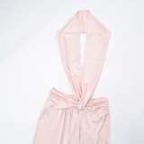 Women Sexy Halter Neck Backless Ribbon Cropped Jumpsuit