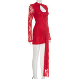 Autumn Women's Solid Color Lace-Up Sexy Lace Long Sleeve Ribbon Short Dress