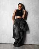 Autumn Winter Women's Fashion Denim Distressed Patchwork Destroyed Loose Straight Leg Pants