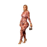 Autumn Winter Women's Hot Style Floral Print Sexy Round Neck Long Sleeve Tight-Fitting Pants Set