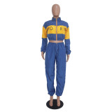 Women's Letter Print Color Block Patchwork Trench Hoodies Pants Set