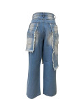 Autumn Winter Women's Fashion Denim Distressed Patchwork Destroyed Loose Straight Leg Pants