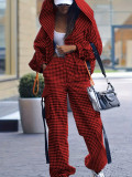 Spring Autumn Women's Fashion Casual Checkered Pocket Hooded Loose Two-Piece Pants Set