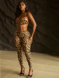 Women's Fashion Leopard Print Sexy Strap Crop Top with Tight Slim Pants Two-Piece Set