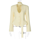 Autumn Women's Fashion Chic Buttoned Blazer Slim Solid Coat