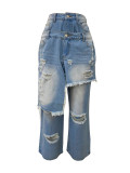 Autumn Winter Women's Fashion Denim Distressed Patchwork Destroyed Loose Straight Leg Pants